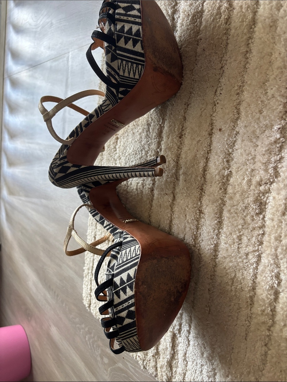 SCHUTZ Black and Cream Strappy T-Strap Heels - Picture 4 of 4